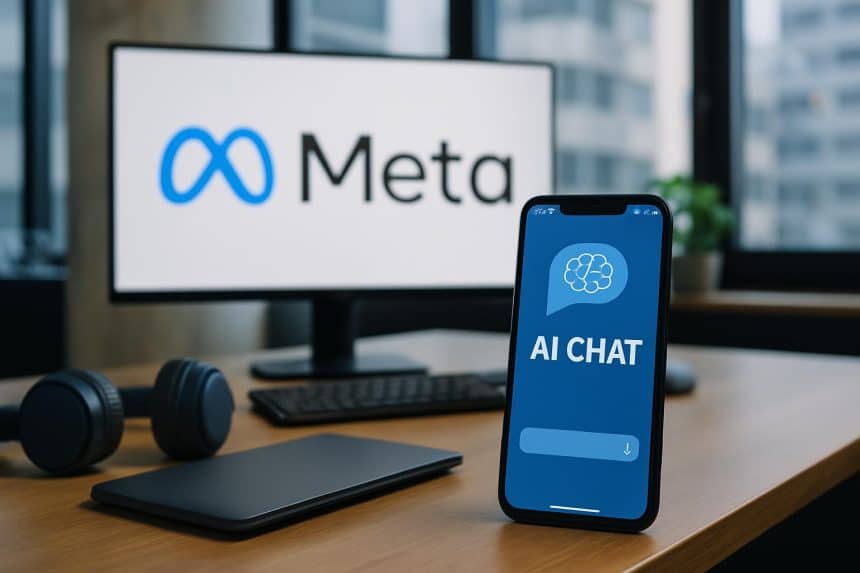 Meta logo on a monitor with AI Chat on an iPhone