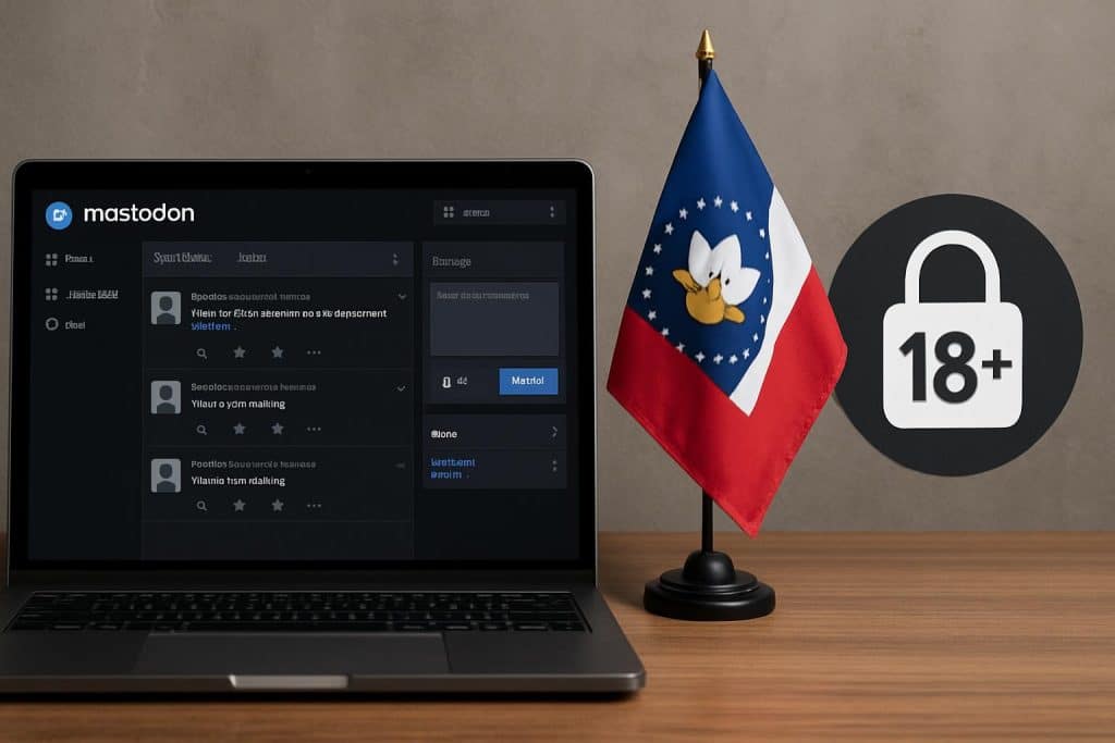 Mastodon logo with gavel and age-check warning over legal document