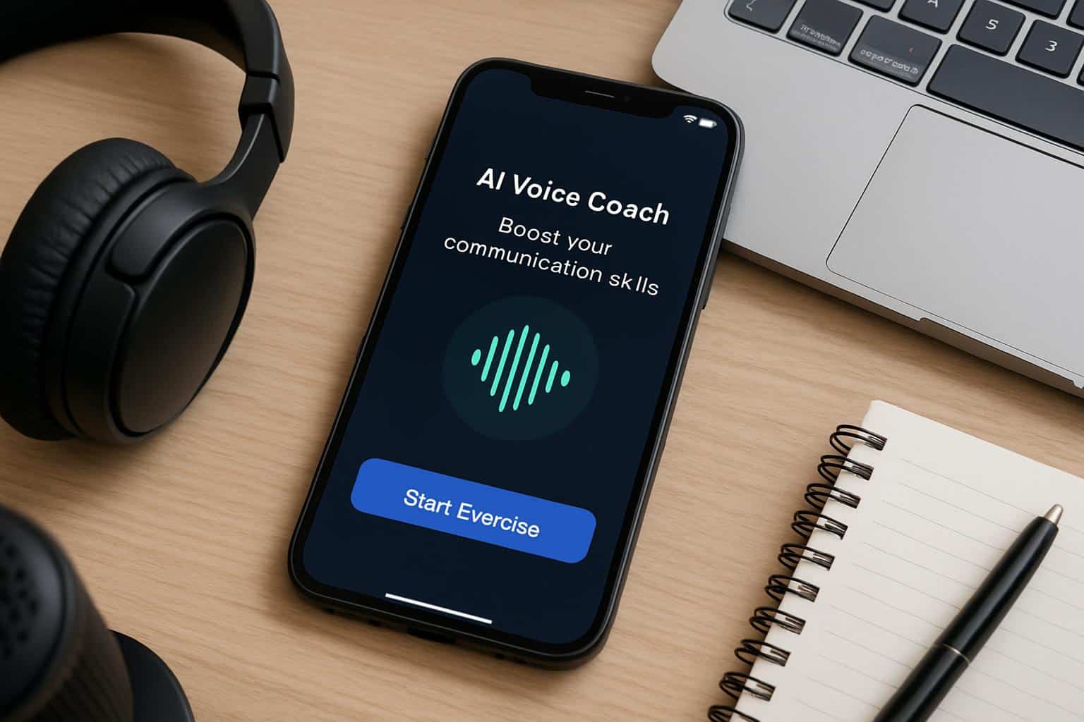 Vocal Image AI soundwaves and speech bubbles connecting devices to boost communication