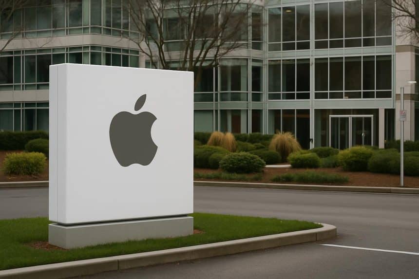 Apple logo infront of an office building