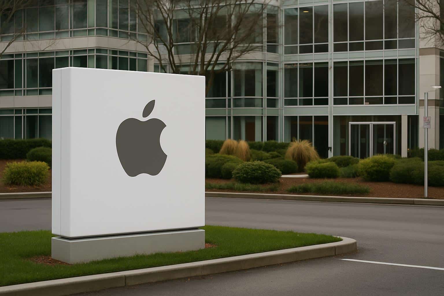 Apple logo infront of an office building