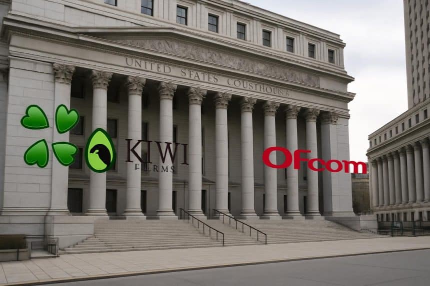 4chan and Kiwi Farms logos overlaid on US courthouse and court filings