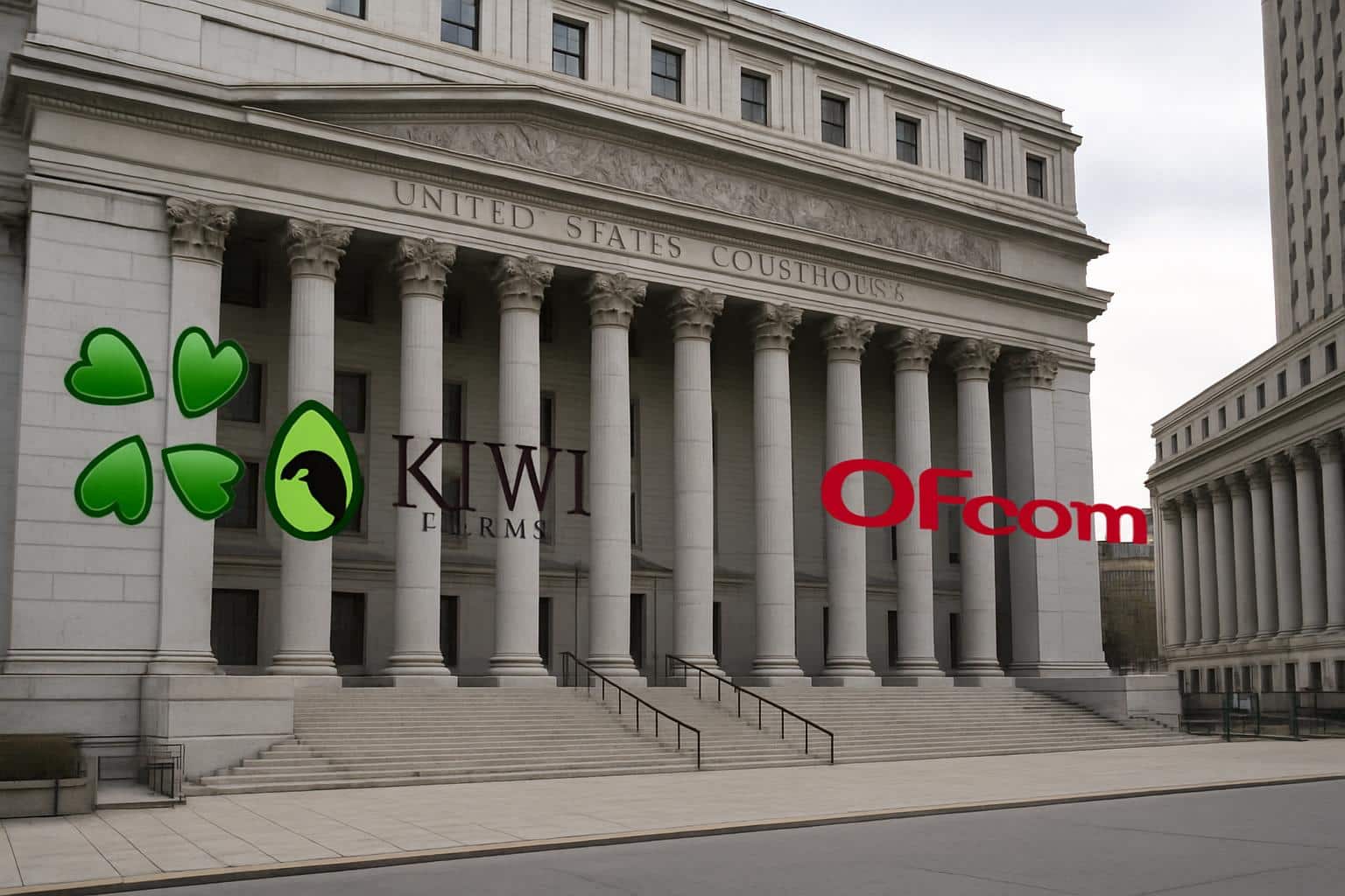 4chan and Kiwi Farms logos overlaid on US courthouse and court filings
