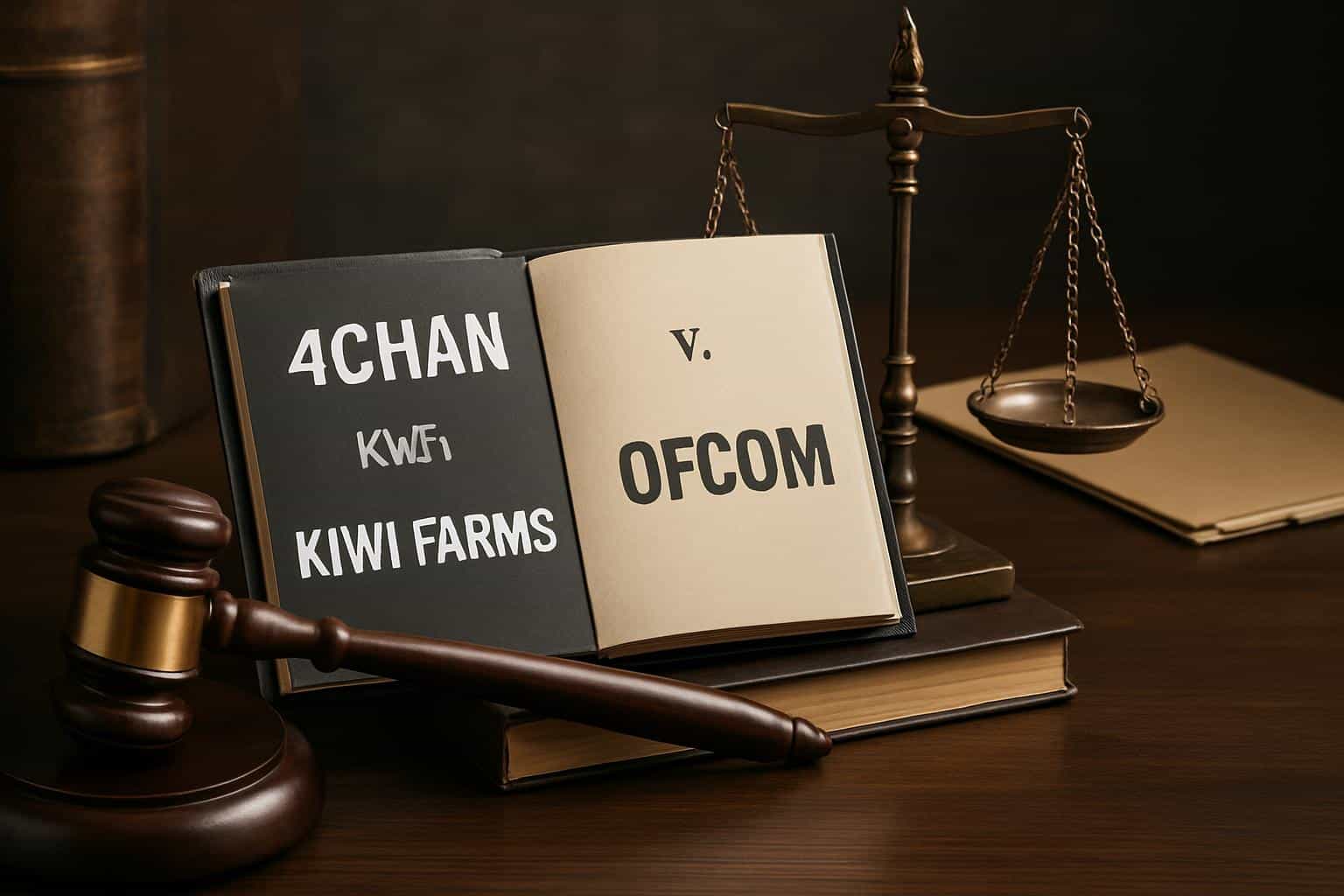 Gavel with 4chan and Kiwi Farms logos facing Ofcom logo, representing US lawsuit