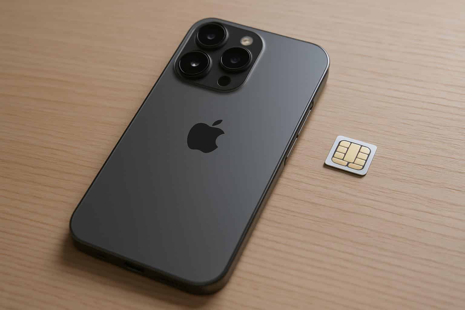 iPhone 17 mockup with eSIM icon and Apple logo signaling eSIM-only rollout