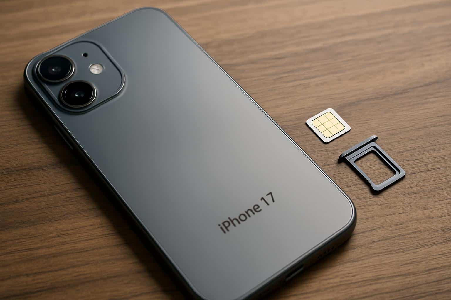 Apple iPhone 17 illustration with eSIM icons and network map signaling wider eSIM-only rollout