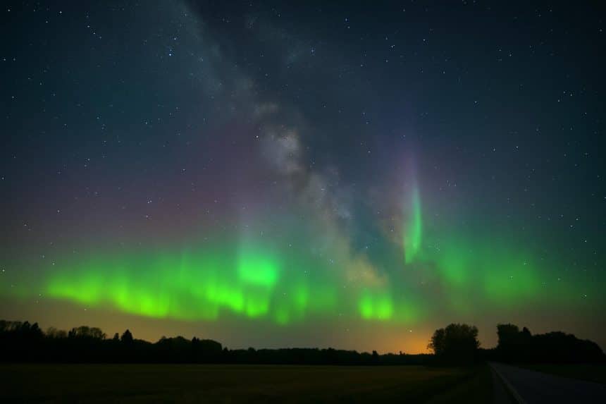 Aurora borealis green curtains across a wide US night sky, visible in 18 states