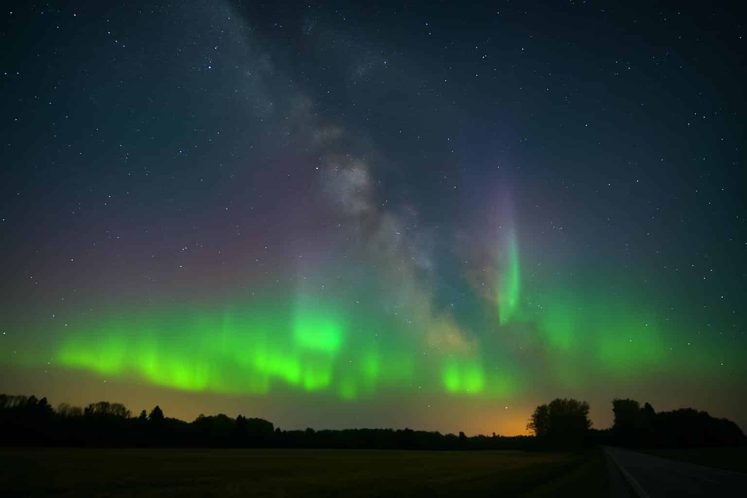 Aurora borealis green curtains across a wide US night sky, visible in 18 states