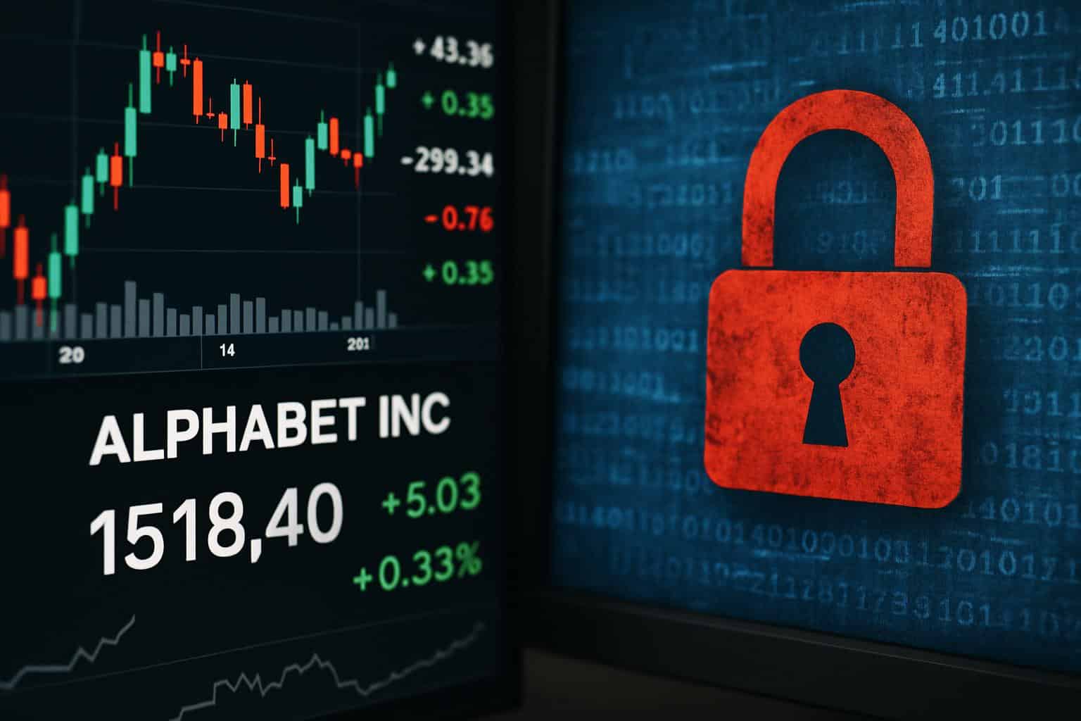 Google logo with breached shield and steady stock chart indicating investor confidence