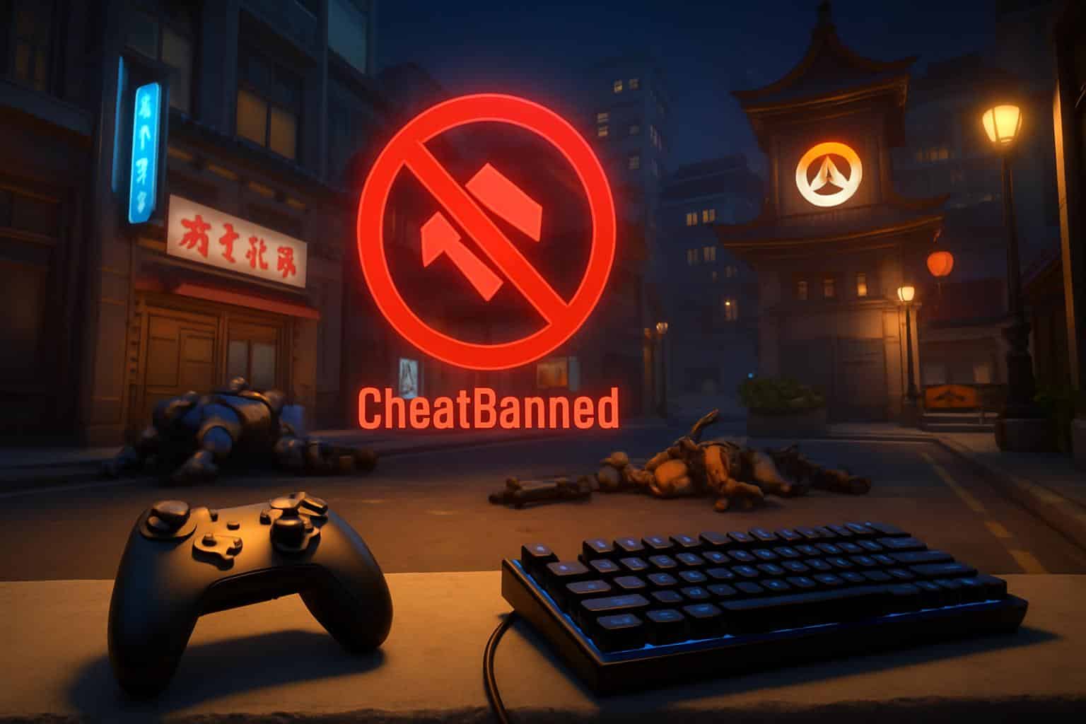 Overwatch 2 logo with red 'BANNED' stamp and counter showing 1M+ banned accounts and 23K cheats