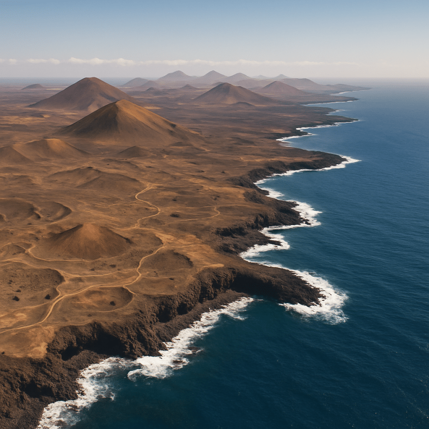 Aerial view of Lanzarote's coastline with volcanic landscapes and the Atlantic Ocean