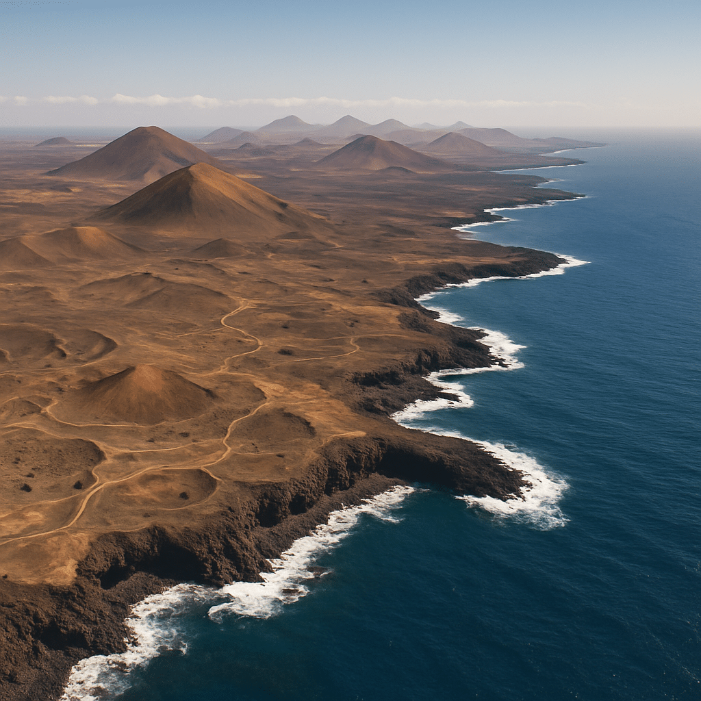 Aerial view of Lanzarote's coastline with volcanic landscapes and the Atlantic Ocean