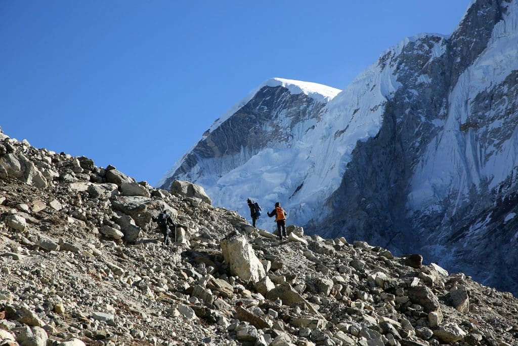 Climbers ascending the Second Step on Everest