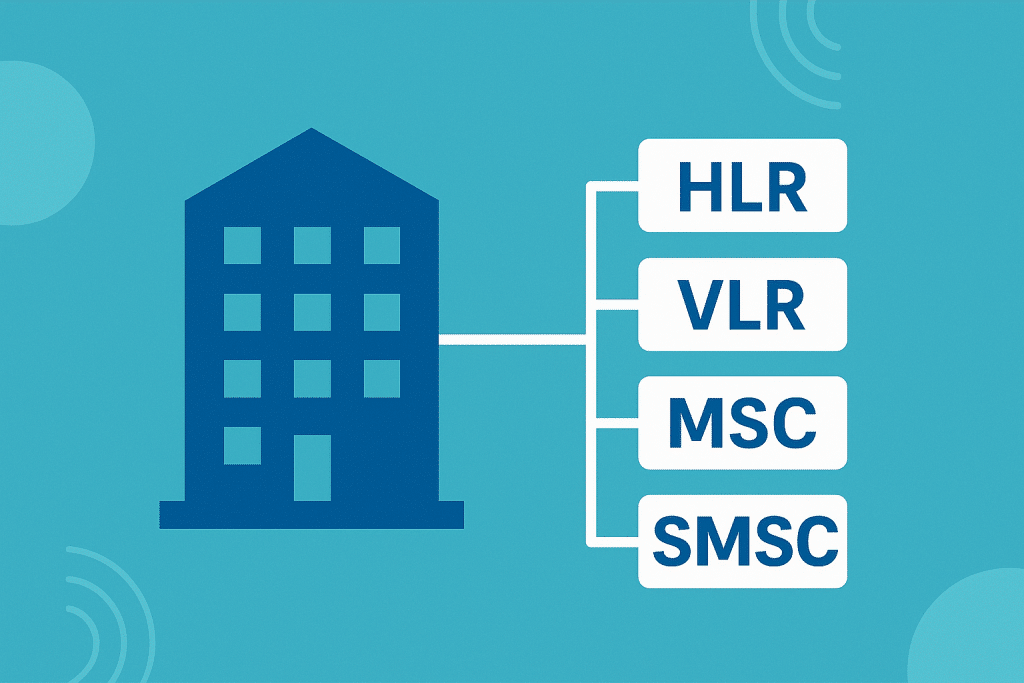 Illustration of a telecom network concept showing a building-like node connected to multiple subsystems (HLR, VLR, MSC, SMSC), symbolizing how SS7 subsystem numbers route signaling messages to the correct application within a network node.