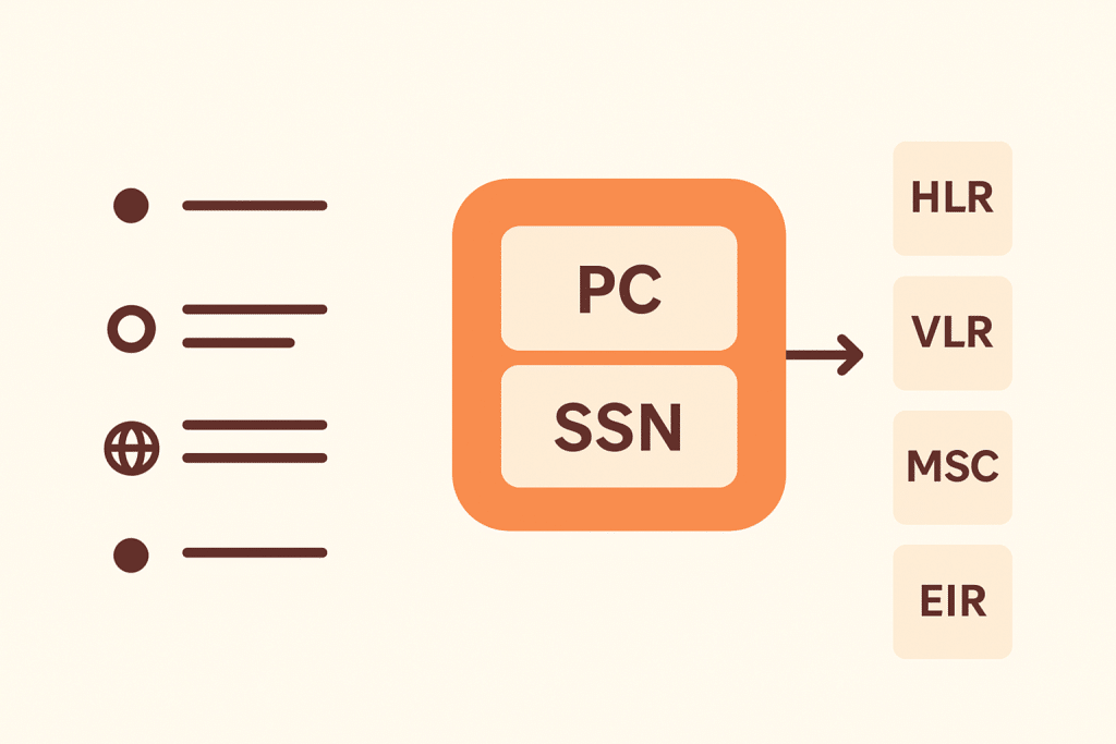 Abstract infographic-style illustration of SS7 subsystem numbers. A central node shows PC and SSN blocks with an arrow pointing to application icons (HLR, VLR, MSC, EIR), symbolizing routing of signaling messages to the correct application inside a network node.