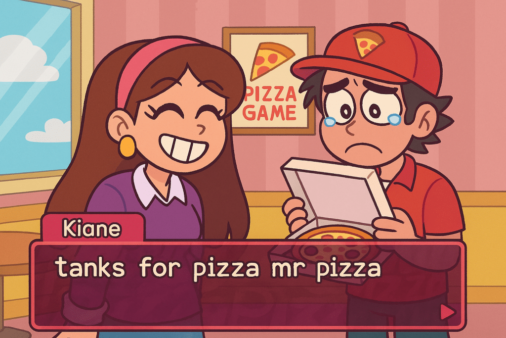 Screenshot from the Pizza Game indie visual novel featuring stylized dialogue and characters