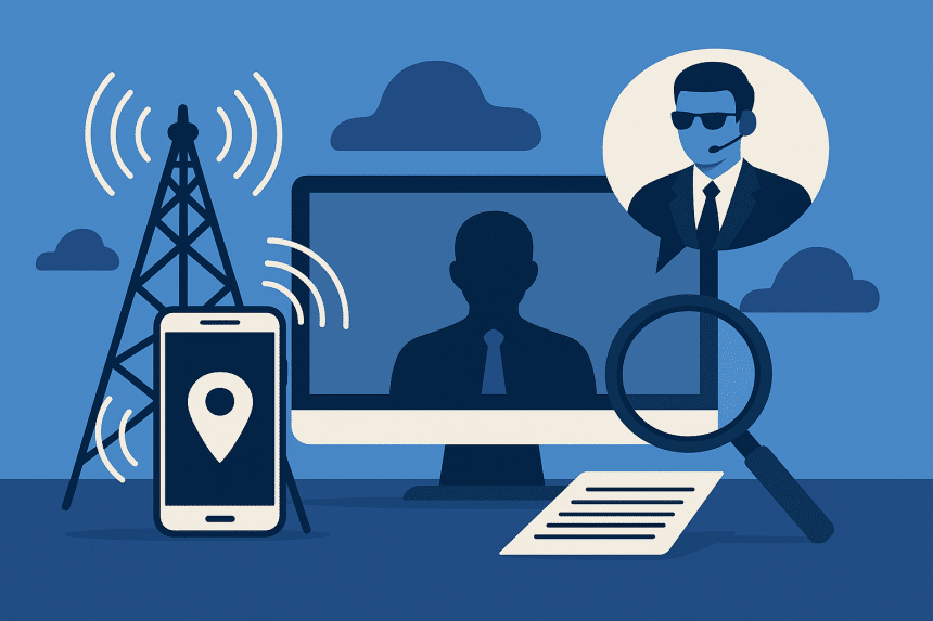 Digital illustration showing telecommunications surveillance with a cell tower, smartphone with location pin, computer screen silhouette, security officer icon, and magnifying glass over a document on a blue background.