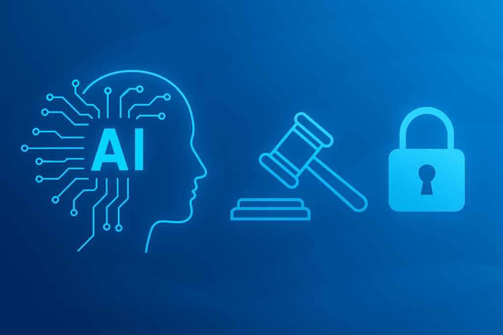 Futuristic digital illustration showing three key elements for the future of Any Time Interrogation: an AI brain symbolizing artificial intelligence, a gavel representing stronger regulations, and a padlock symbolizing encryption and security, set against a sleek blue background with digital lines.