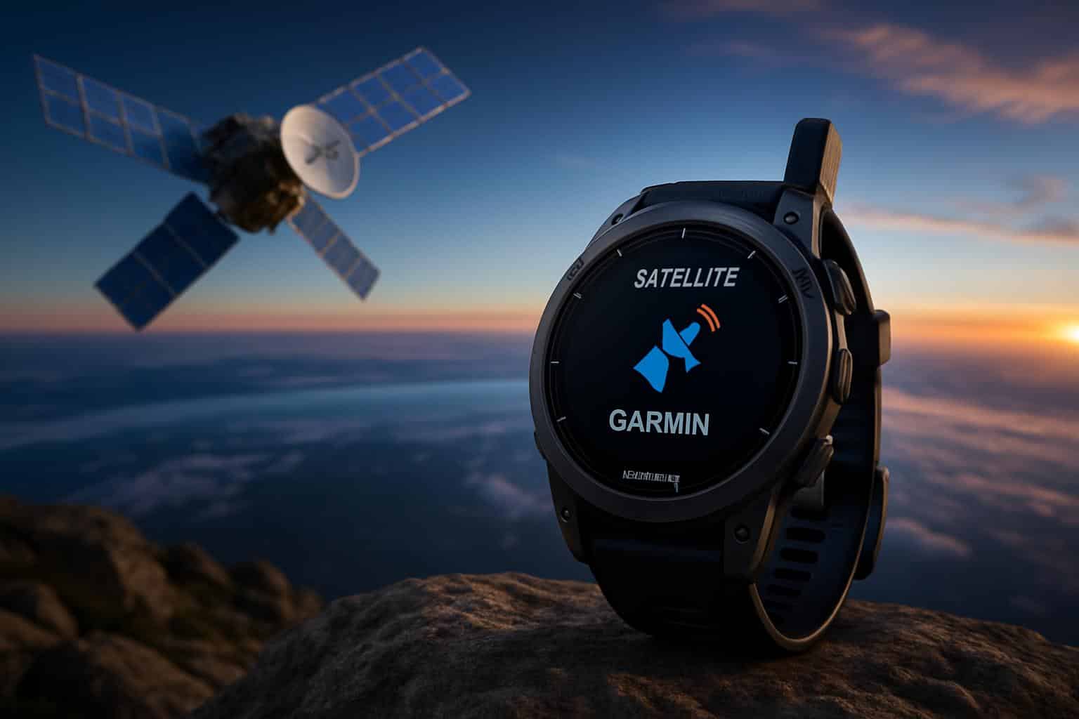 Garmin satellite smartwatch concept illustrating the launch and satellite connectivity