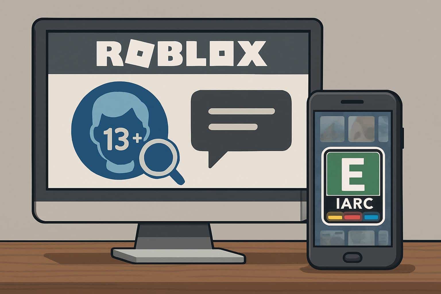 Roblox logo with age verification badge and standardized content rating symbols