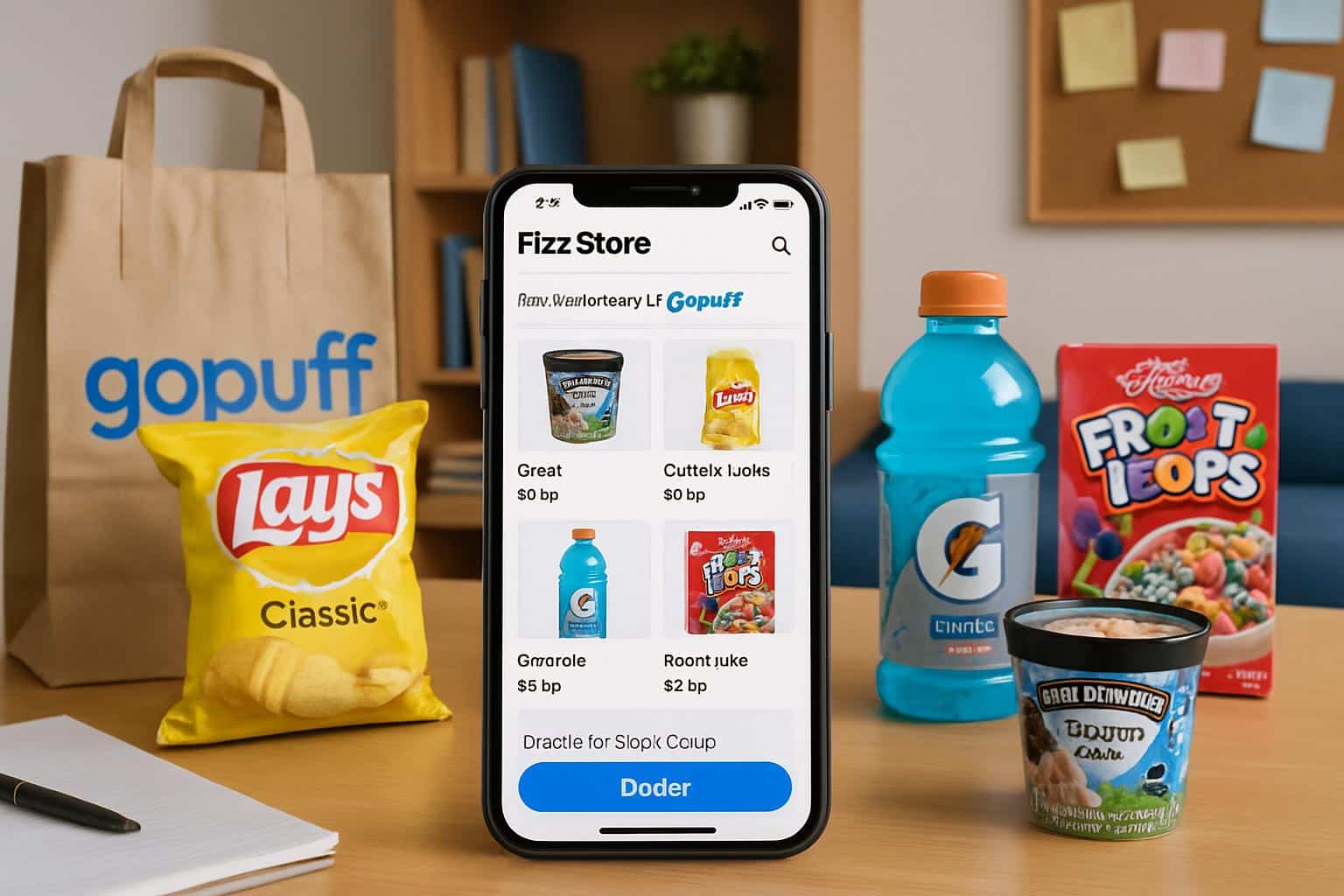 Fizz and Gopuff launch campus grocery delivery, logos with grocery bags and dorm icons