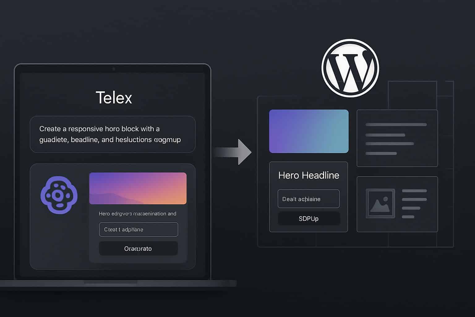 WordPress Telex AI block builder launch concept with modular blocks and AI circuitry