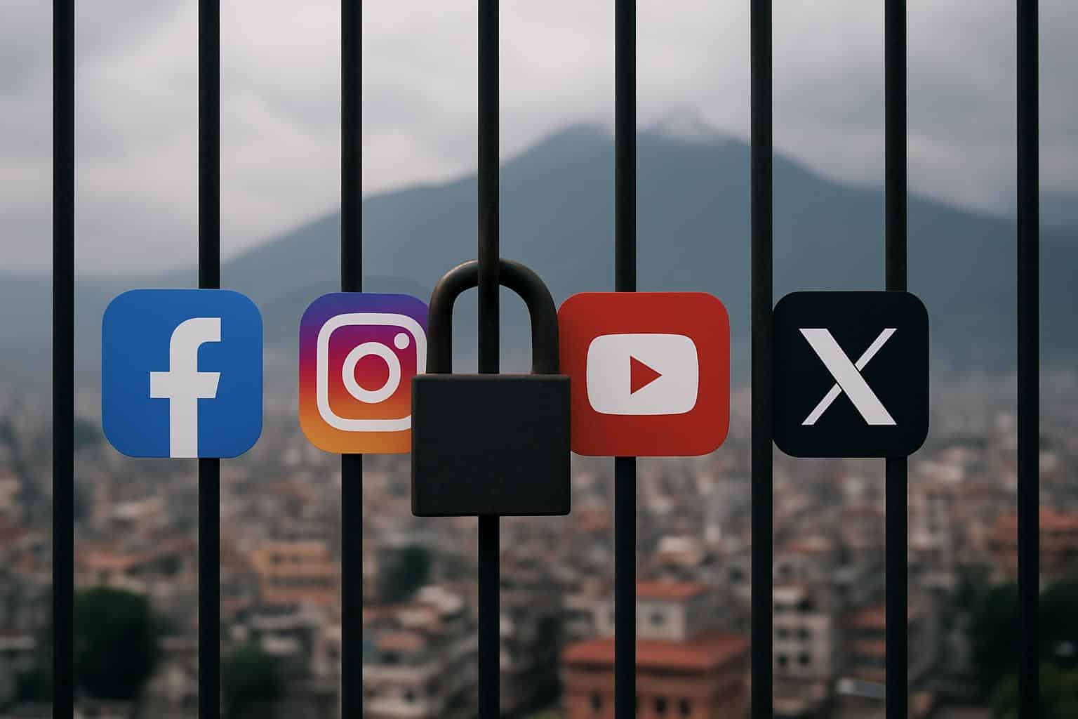 Nepal map with ban symbol over Facebook, Instagram, YouTube and X logos