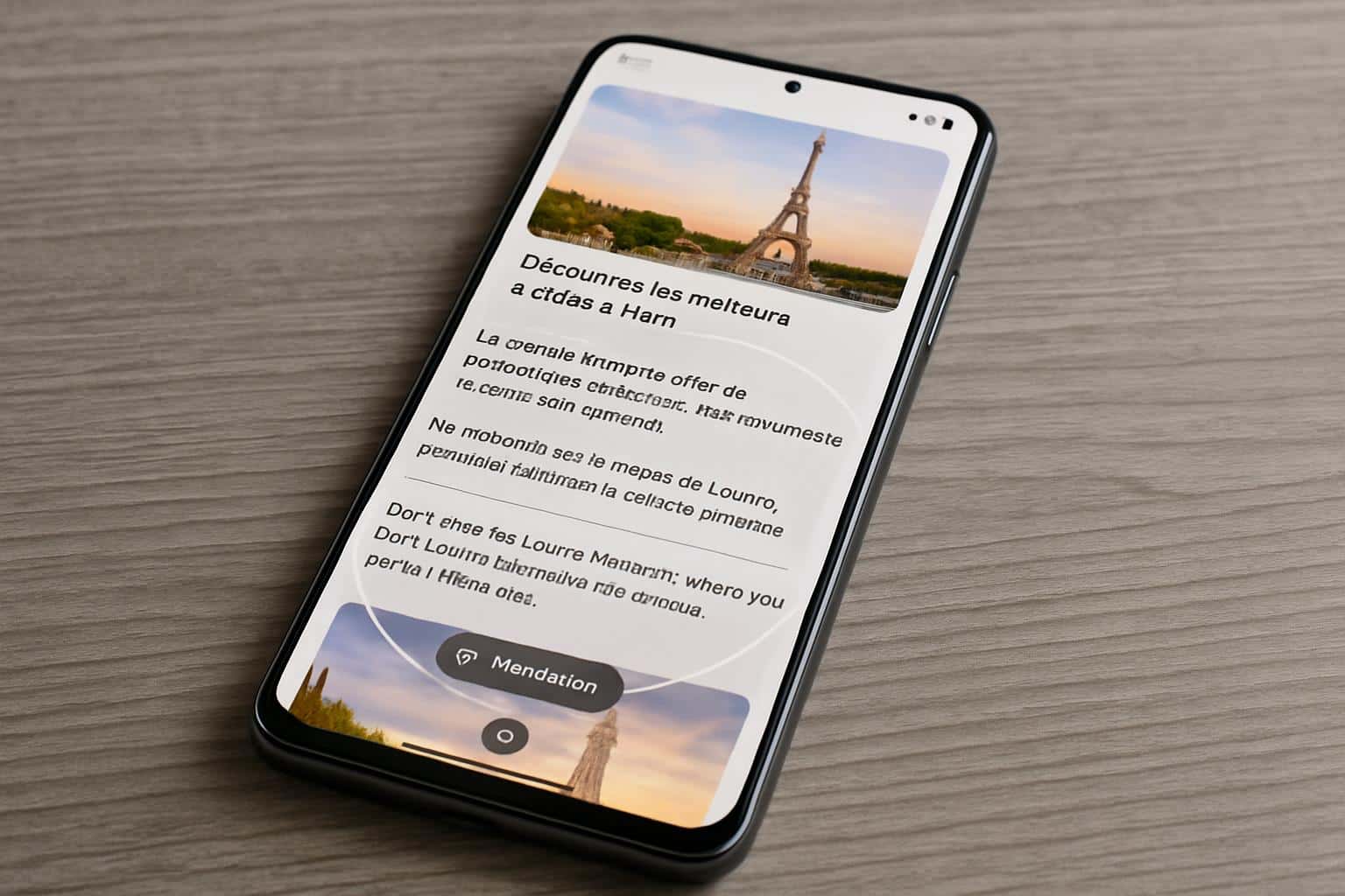 Smartphone showing Google Circle to Search with scrolling translation over text