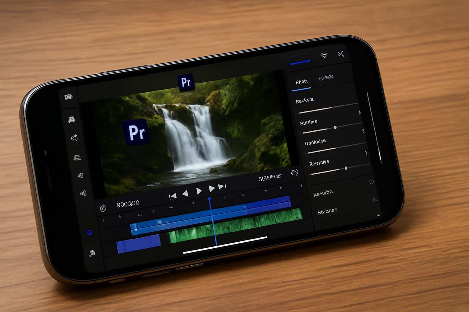 iPhone displaying Adobe Premiere video editing app interface and timeline