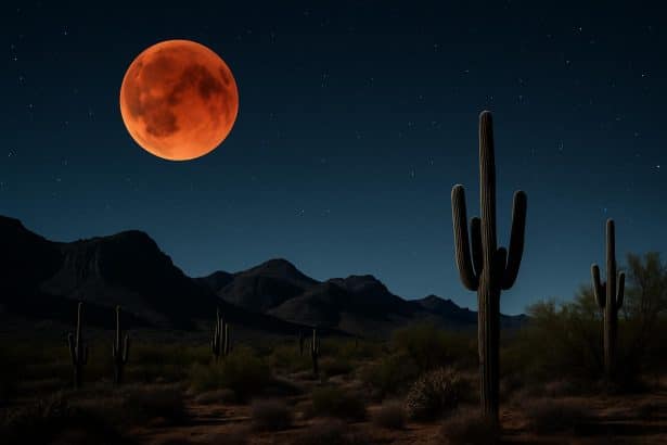 Blood Moon lunar eclipse glowing red against the night sky