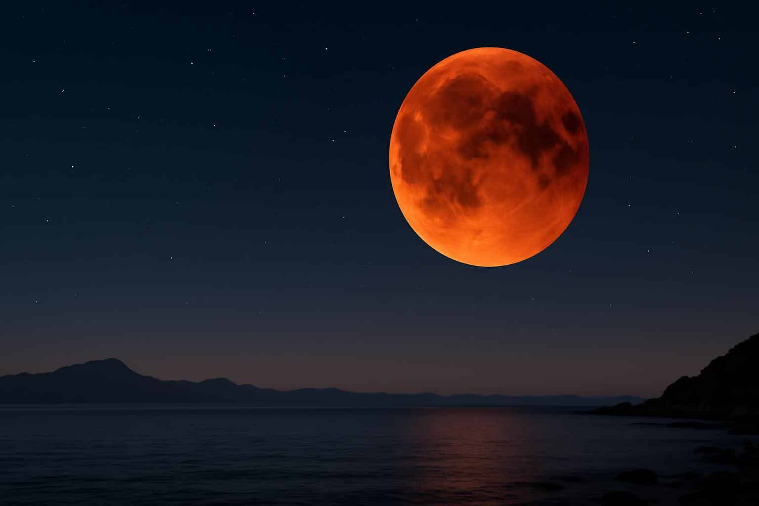 Blood Moon lunar eclipse glowing red in the night sky