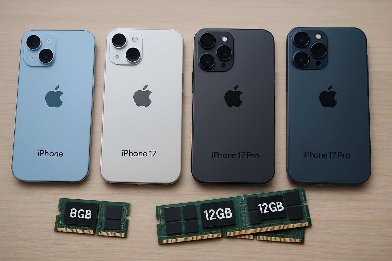 iPhone 17 and 17 Pro lineup with RAM chip overlay