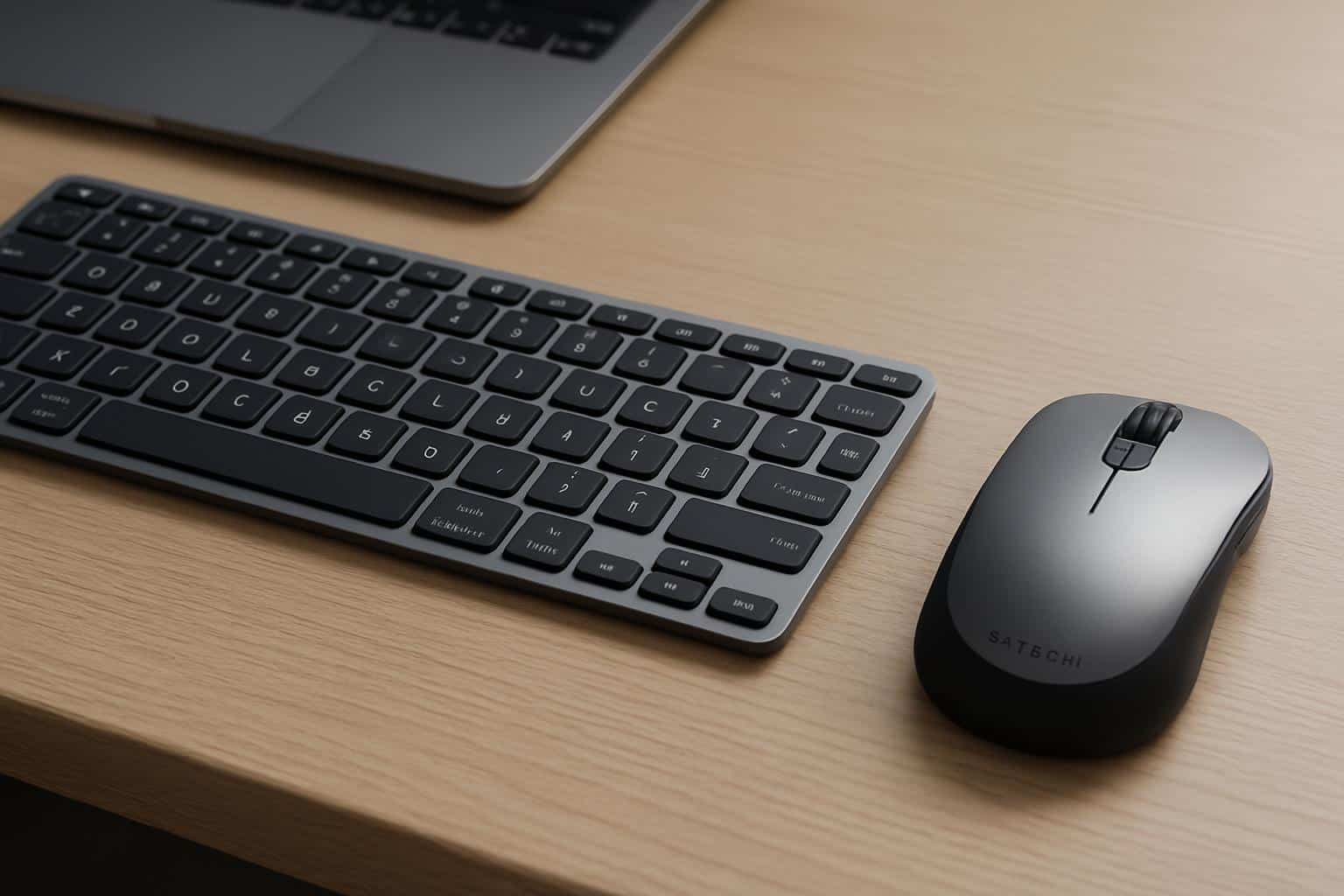 Satechi OntheGo Bluetooth keyboard and mouse on a minimalist desk setup