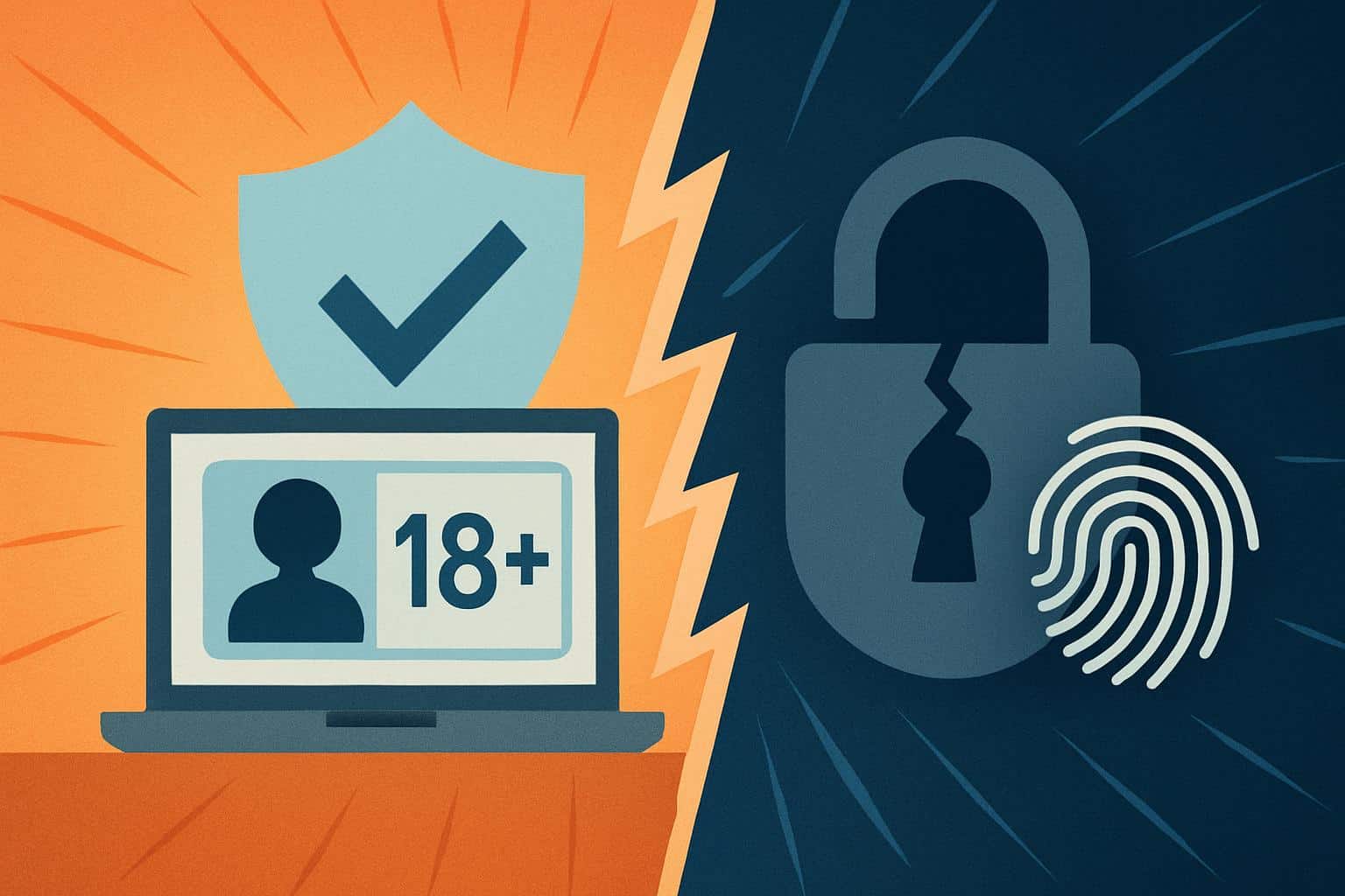 Age verification laws clash with privacy: smartphone ID check, padlock, and gavel