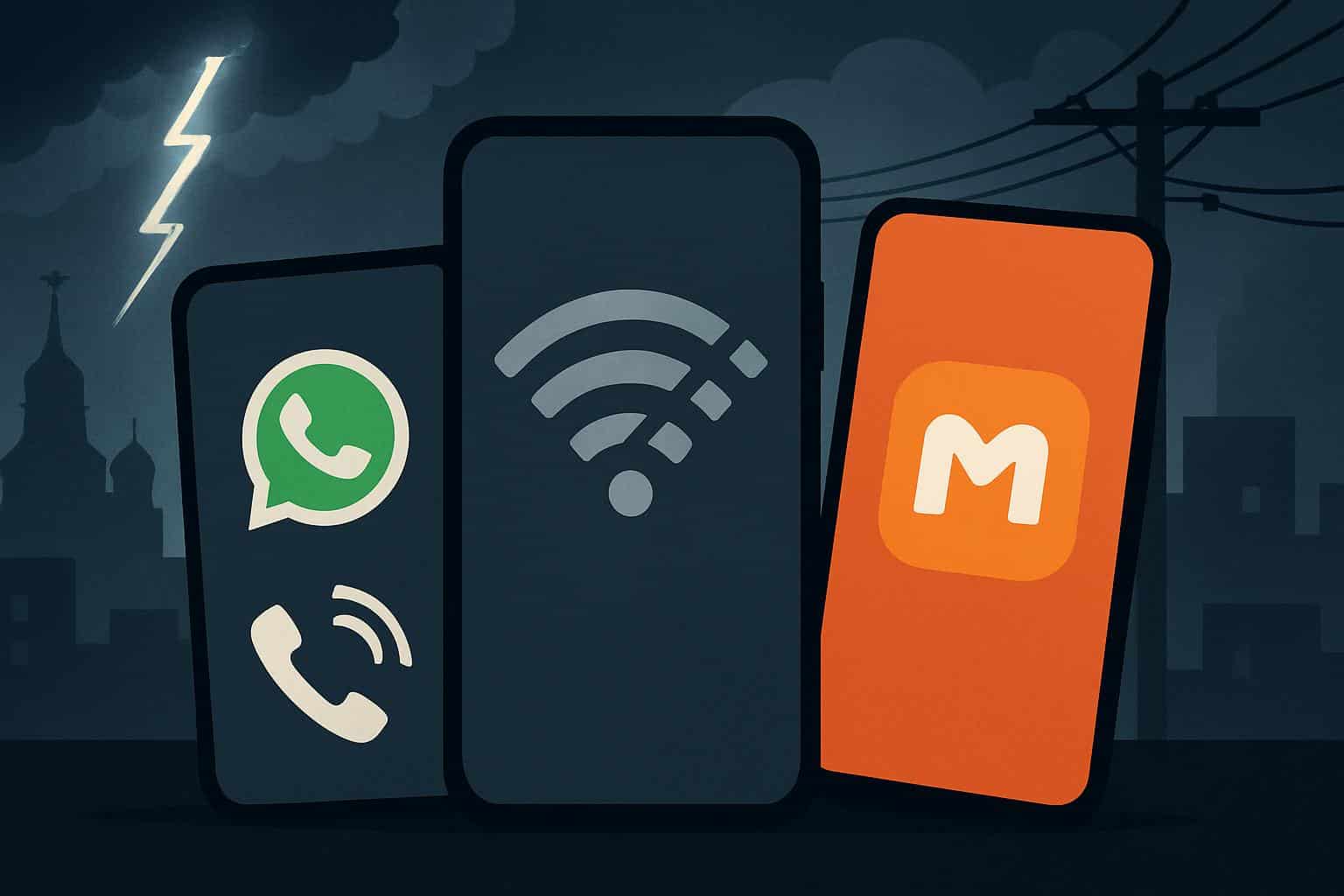 Russia curbs WhatsApp, promotes 'Max' amid blackouts; app logos over dark Russian skyline