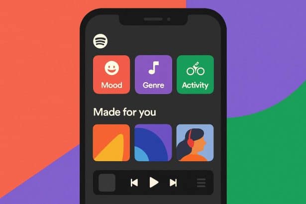 Spotify app screen showing smart filters for mood, genre and activity-based playlists