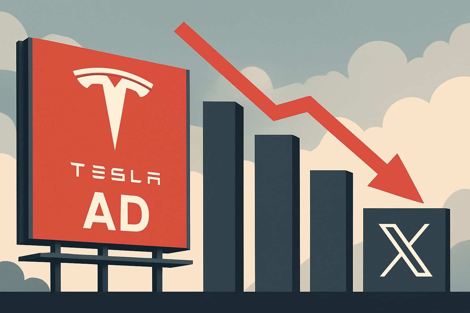 Tesla and X logos with downward arrow signaling advertising cuts