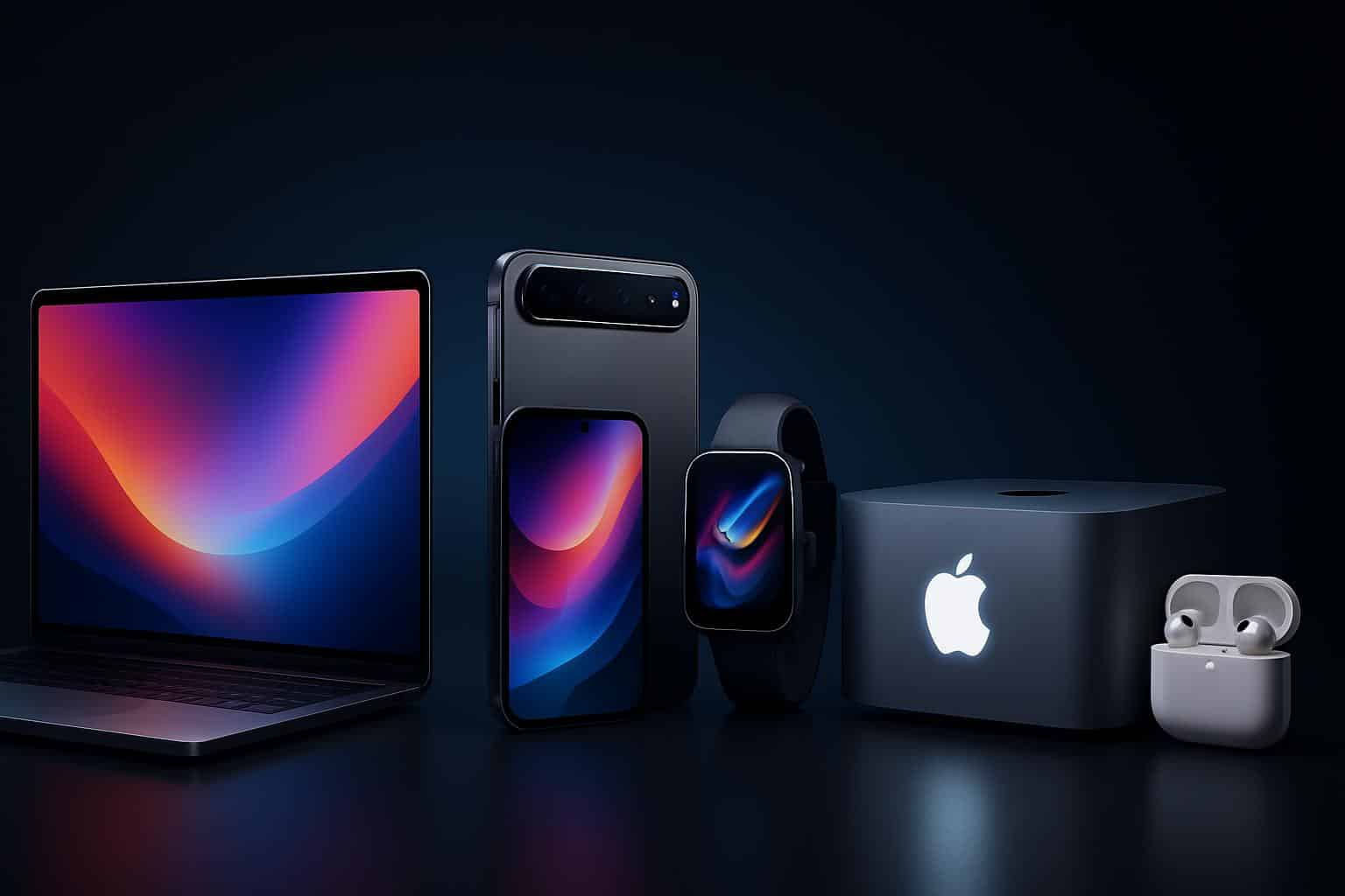 Apple Event keynote with glowing Apple logo and new product reveals