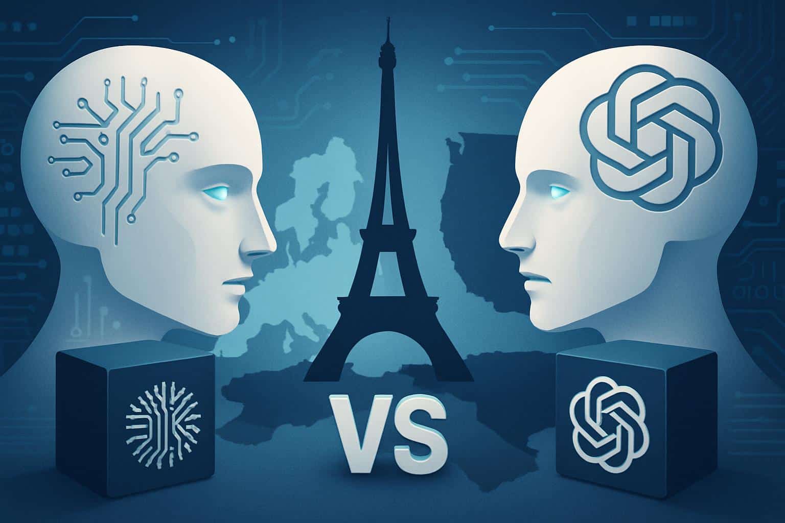 Mistral AI logo against EU flag, highlighting the European OpenAI rival