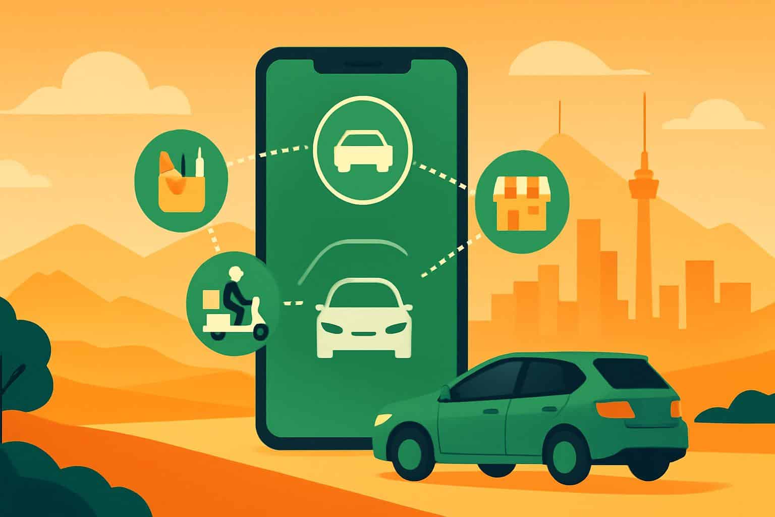 inDrive logo with ride, delivery, and payments icons for global super app expansion