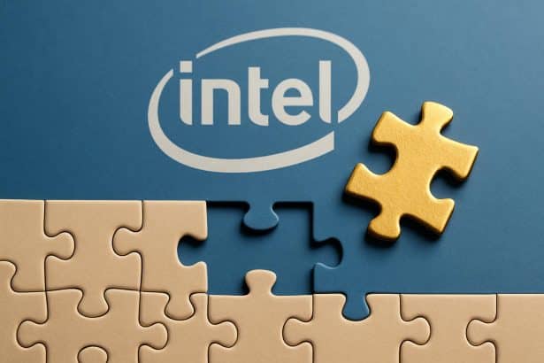 Intel logo at headquarters amid product chief resignation and leadership shake-up