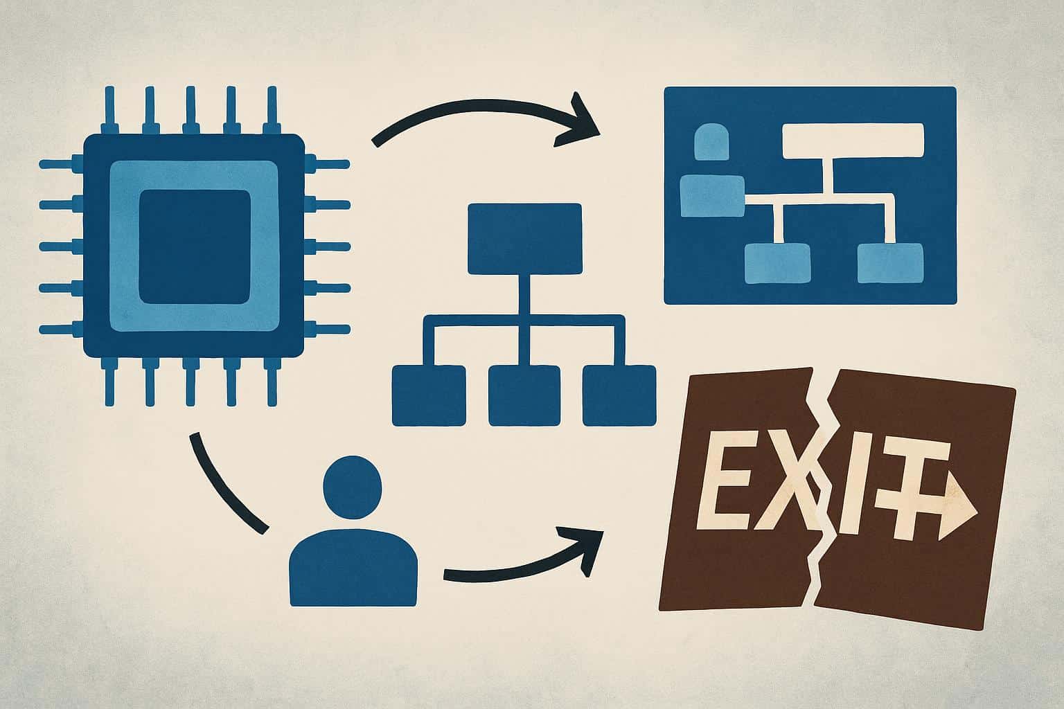 Intel logo with arrows symbolizing product chief exit and leadership reshuffle