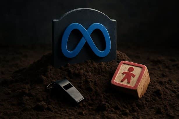 Meta logo beside whistleblower files on buried child safety research