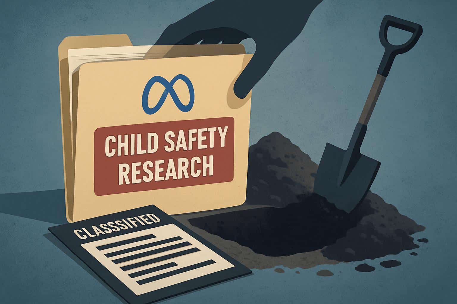 Meta logo beside locked folder labeled Child Safety Research