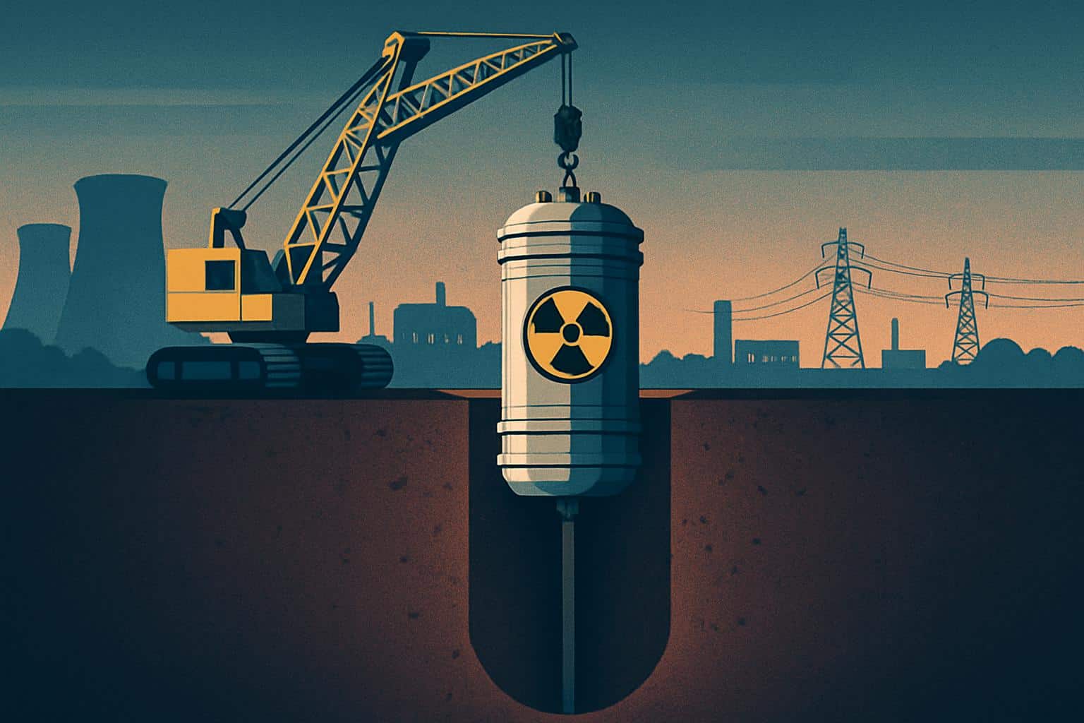 Deep Fission SPAC with nuclear reactor icon and market candlestick chart