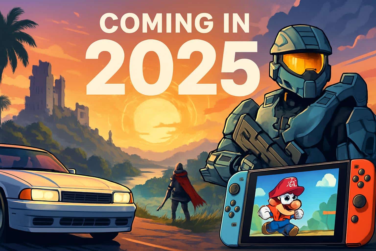 Collage of top upcoming video game covers, controllers, and consoles