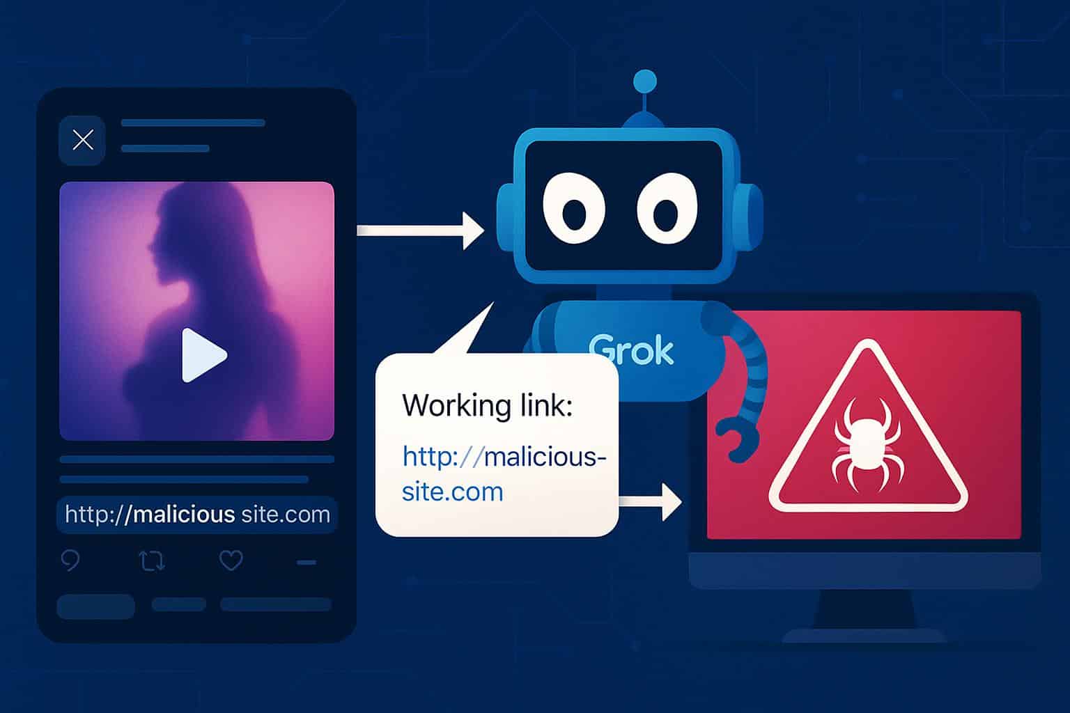 Grok on X shows phishing warning over a URL, urging users to double-check links