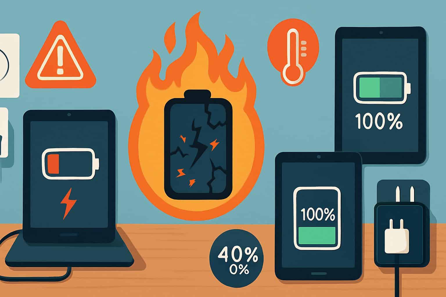 Tablet with overheating battery icon and frayed charger, showing charging mistakes and fixes