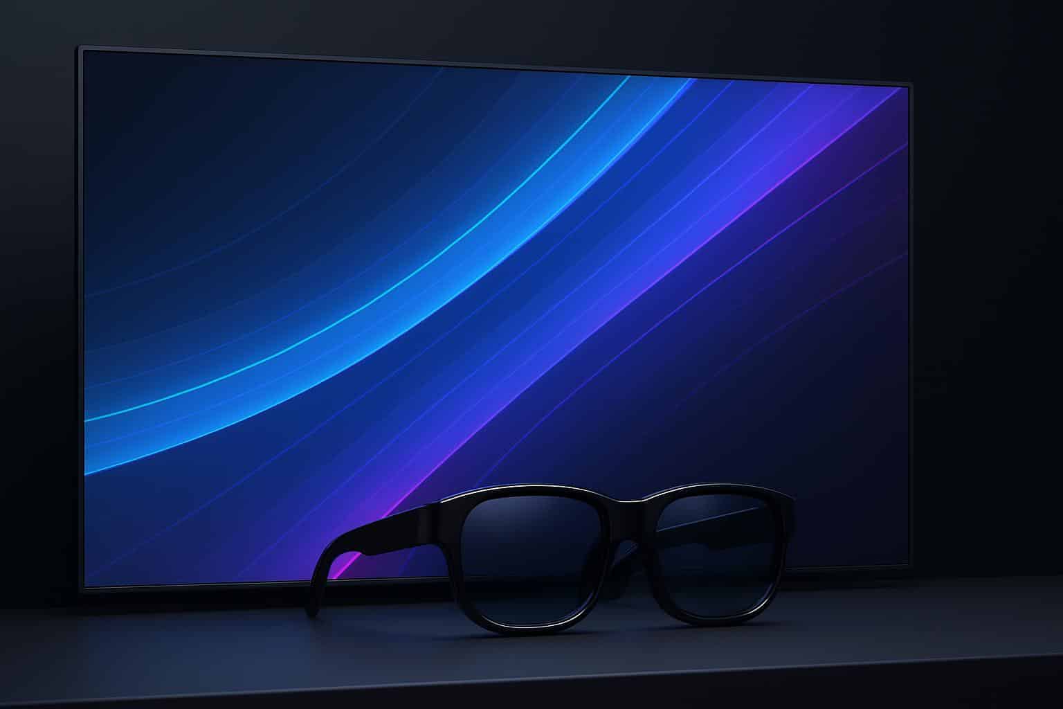 Samsung Galaxy Glasses teaser graphic with AR glasses silhouette and Samsung logo