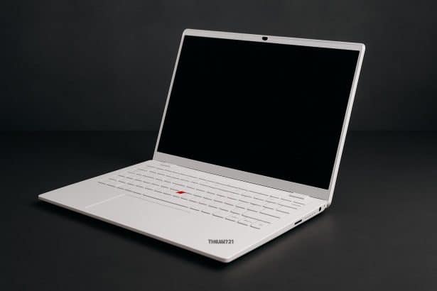 White Lenovo ThinkPad X9 Aura laptop showcasing sleek minimalist design